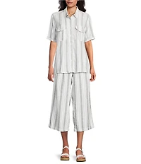 Intro Linen Blend Coordinating Stripe Point Collar Elbow Sleeve Button Front Camp Shirt