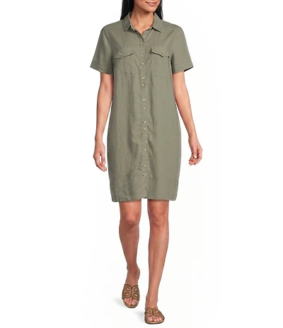 Intro Linen-Blend Point Collar Short Sleeve Button-Front Shirtdress