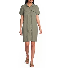 Intro Linen-Blend Point Collar Short Sleeve Button-Front Shirtdress