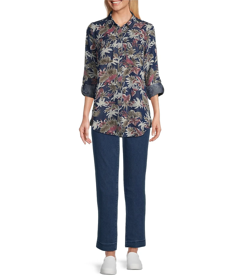 Intro Lyocell Tropical Print Collared Long Roll-Tab Sleeve Snap-Front Shirt