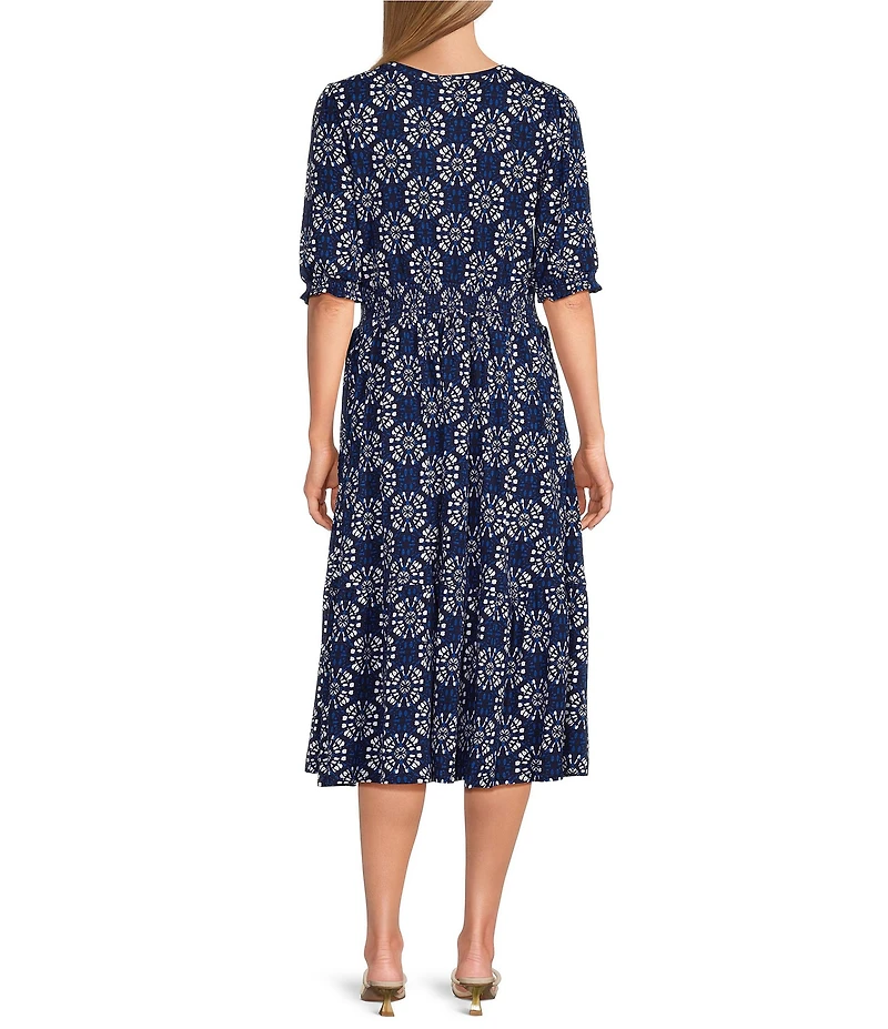Intro Medallion Print Knit Scoop Neck Elbow Sleeve Smocked Waist Tiered Dress