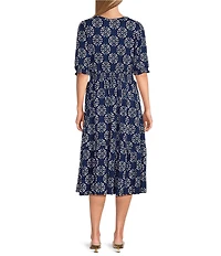 Intro Medallion Print Knit Scoop Neck Elbow Sleeve Smocked Waist Tiered Dress