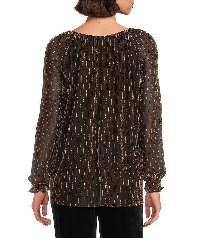 Intro Metallic Clip Dot Split V-Neck 3/4 Sleeve Ruffle Blouse