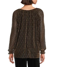 Intro Metallic Clip Dot Split V-Neck 3/4 Sleeve Ruffle Blouse