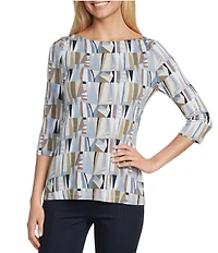 Intro Petite Knit Jersey Sand Geometric Print Boat Neck 3/4 Sleeve Tee
