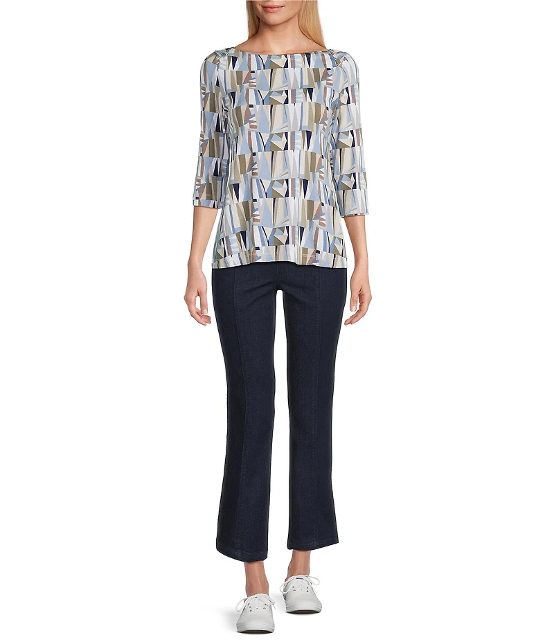 Intro Petite Knit Jersey Sand Geometric Print Boat Neck 3/4 Sleeve Tee