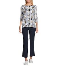 Intro Petite Knit Jersey Sand Geometric Print Boat Neck 3/4 Sleeve Tee