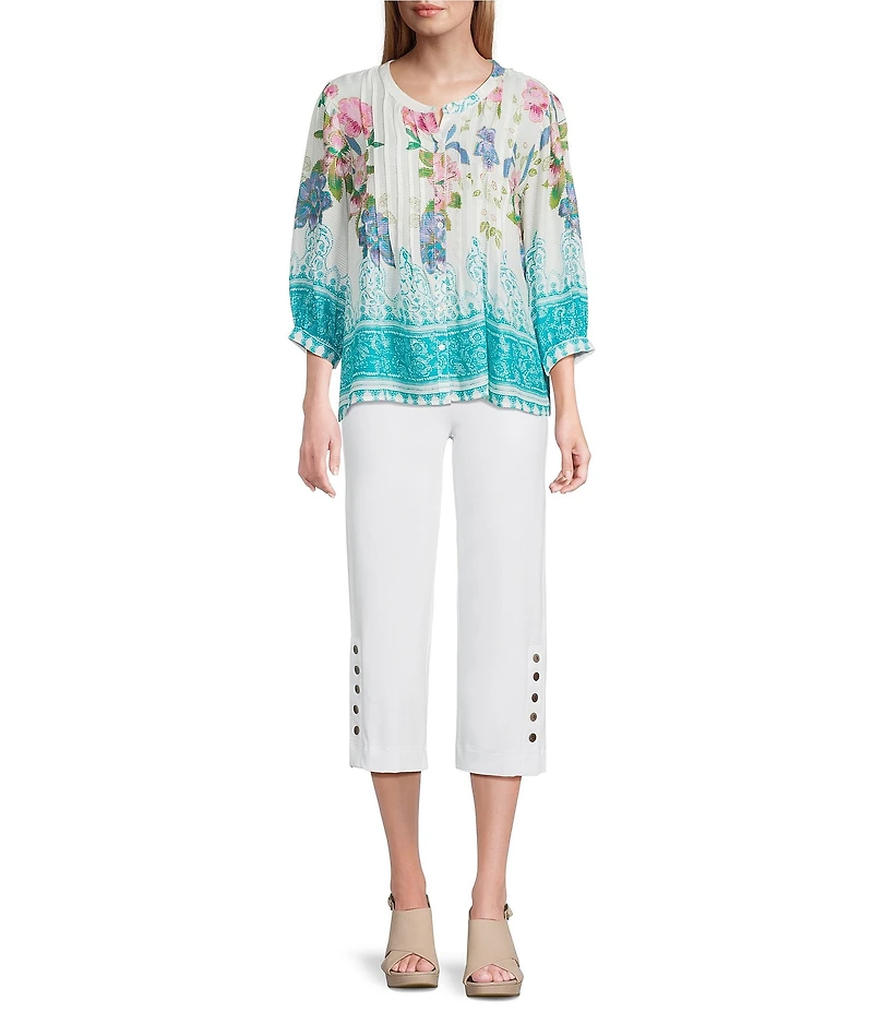 Intro Petite Size Aimee Solid Suave Knit Straight Leg Tummy Control Coconut Button Hem Pull-On Pants