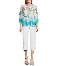 Intro Petite Size Aimee Solid Suave Knit Straight Leg Tummy Control Coconut Button Hem Pull-On Pants