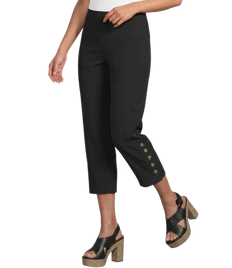 Intro Petite Size Aimee Solid Suave Knit Straight Leg Tummy Control Coconut Button Hem Pull-On Pants