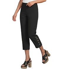 Intro Petite Size Aimee Solid Suave Knit Straight Leg Tummy Control Coconut Button Hem Pull-On Pants