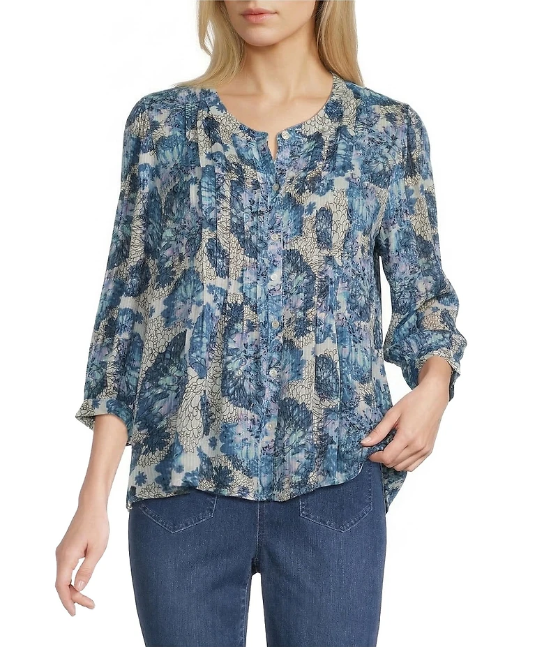 Intro Petite Size Blue Floral Print Pleated Button Front Blouse