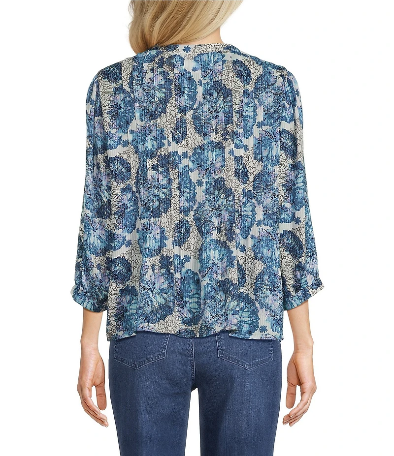 Intro Petite Size Blue Floral Print Pleated Button Front Blouse