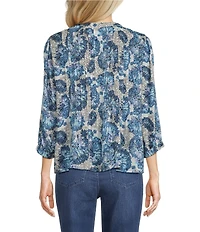 Intro Petite Size Blue Floral Print Pleated Button Front Blouse