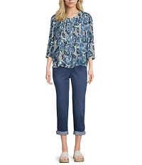 Intro Petite Size Blue Floral Print Pleated Button Front Blouse