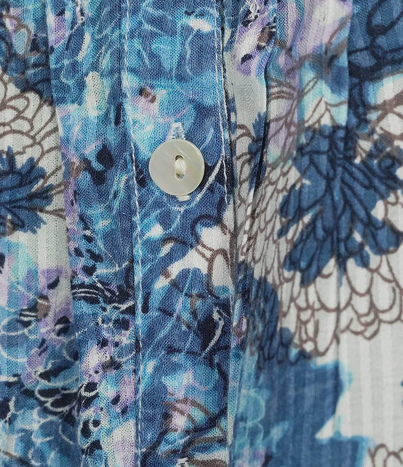 Intro Petite Size Blue Floral Print Pleated Button Front Blouse
