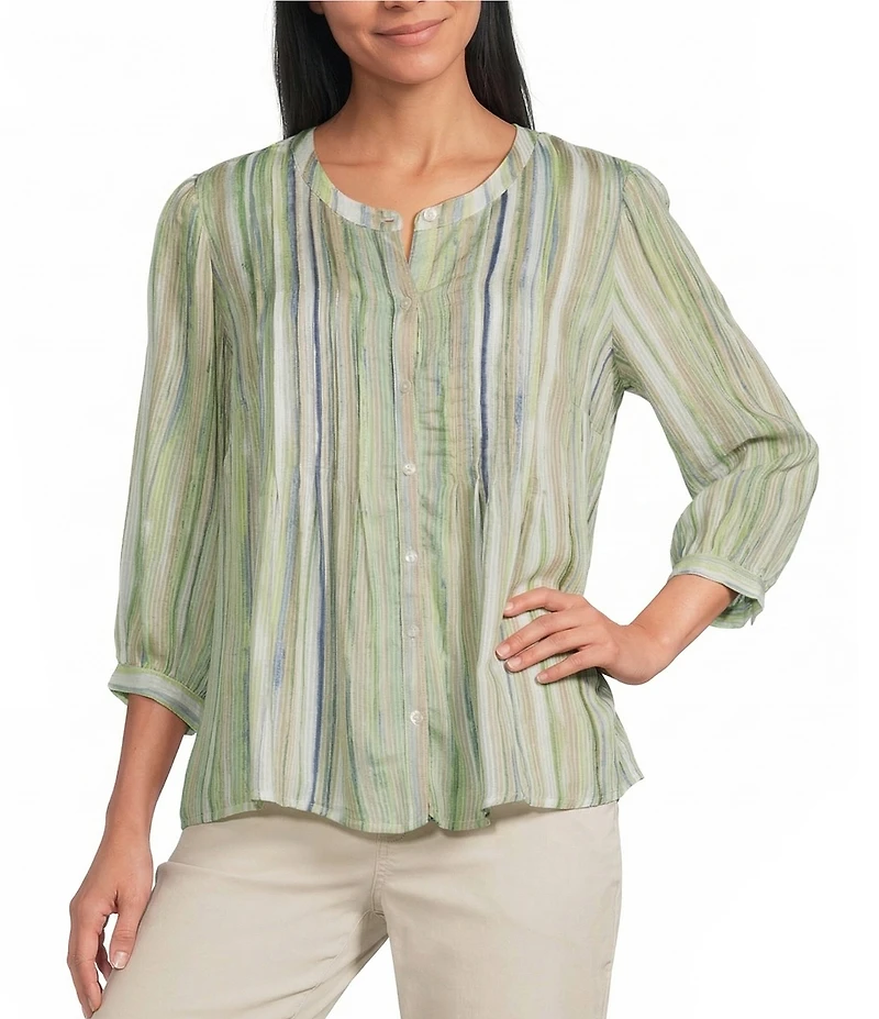 Intro Petite Size Bok Choy Brush Stroke Print Pleated Button Front Blouse