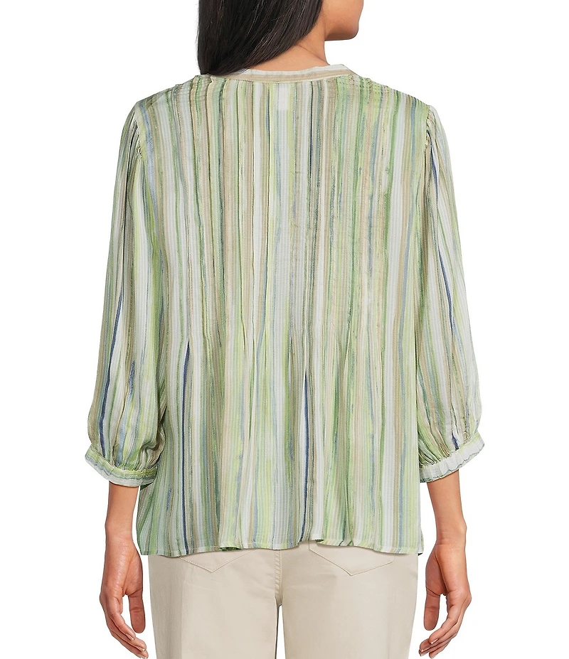 Intro Petite Size Bok Choy Brush Stroke Print Pleated Button Front Blouse