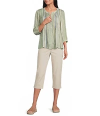 Intro Petite Size Bok Choy Brush Stroke Print Pleated Button Front Blouse