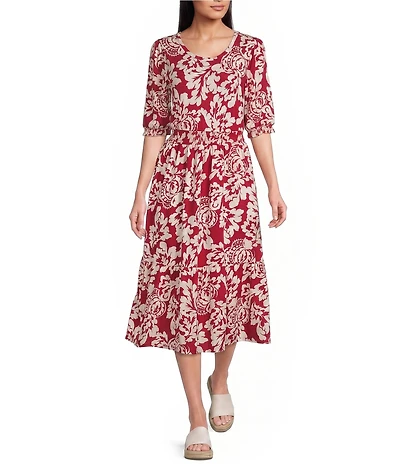 Intro Petite Size Brocade Floral Print Knit Scoop Neck Elbow Sleeve Smocked Waist Tiered Dress