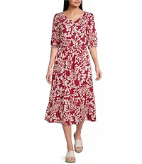 Intro Petite Size Brocade Floral Print Knit Scoop Neck Elbow Sleeve Smocked Waist Tiered Dress