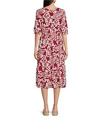 Intro Petite Size Brocade Floral Print Knit Scoop Neck Elbow Sleeve Smocked Waist Tiered Dress