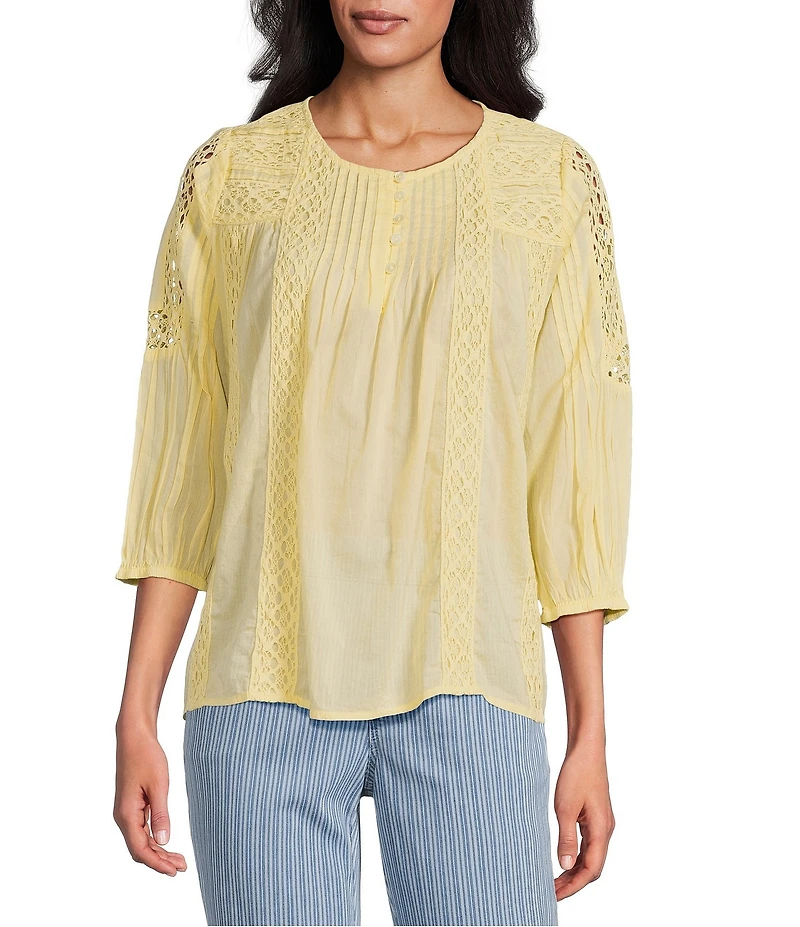 Intro Petite Size Cotton Voile Crew Neck 3/4 Sleeve Lace Trim Peasant Blouse