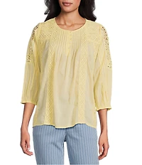 Intro Petite Size Cotton Voile Crew Neck 3/4 Sleeve Lace Trim Peasant Blouse