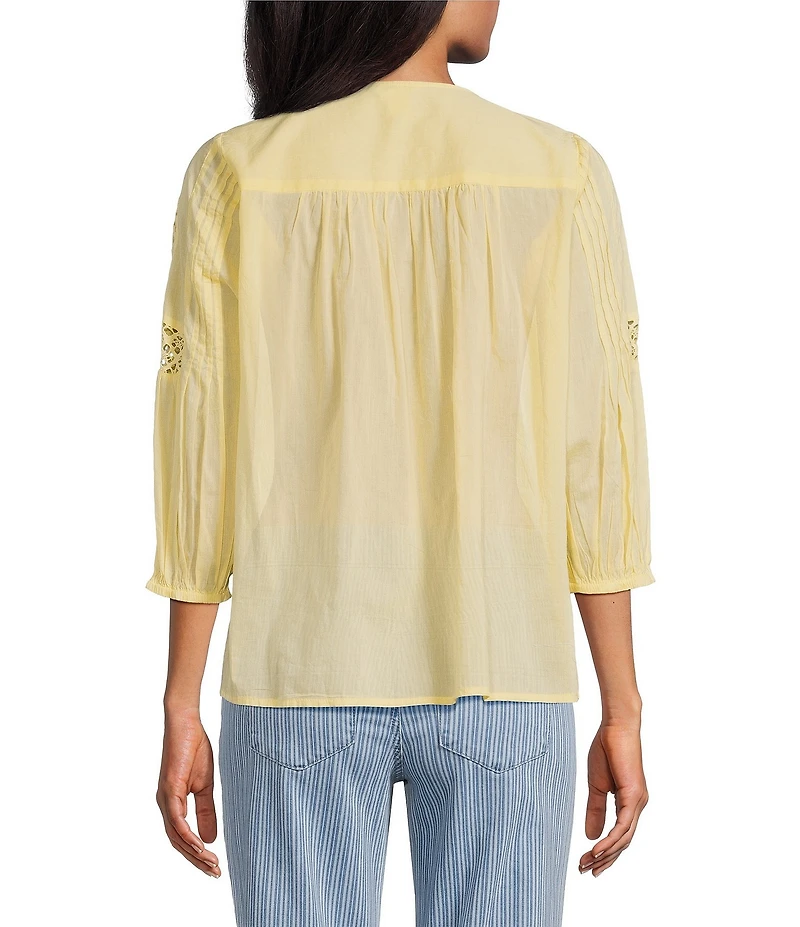 Intro Petite Size Cotton Voile Crew Neck 3/4 Sleeve Lace Trim Peasant Blouse
