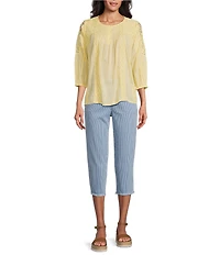Intro Petite Size Cotton Voile Crew Neck 3/4 Sleeve Lace Trim Peasant Blouse