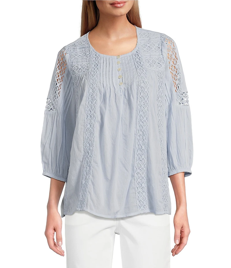 Intro Petite Size Cotton Voile Crew Neck 3/4 Sleeve Lace Trim Peasant Blouse