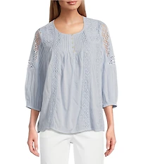 Intro Petite Size Cotton Voile Crew Neck 3/4 Sleeve Lace Trim Peasant Blouse