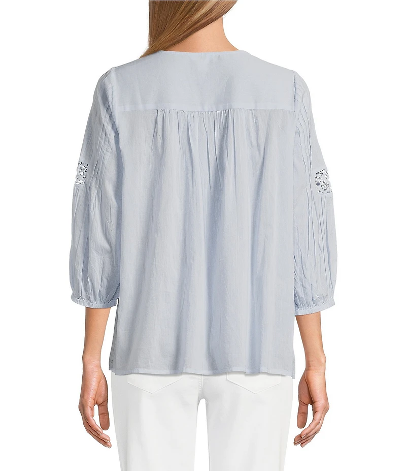 Intro Petite Size Cotton Voile Crew Neck 3/4 Sleeve Lace Trim Peasant Blouse