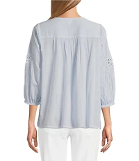 Intro Petite Size Cotton Voile Crew Neck 3/4 Sleeve Lace Trim Peasant Blouse