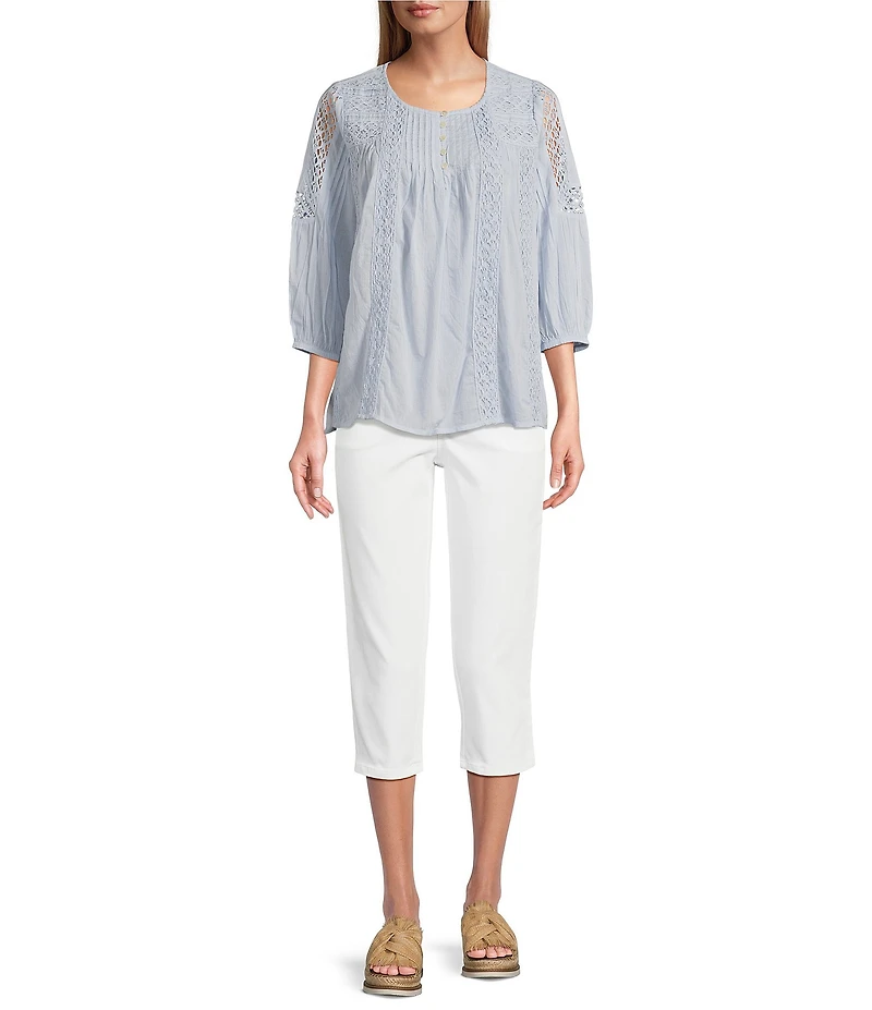 Intro Petite Size Cotton Voile Crew Neck 3/4 Sleeve Lace Trim Peasant Blouse