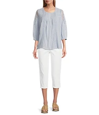 Intro Petite Size Cotton Voile Crew Neck 3/4 Sleeve Lace Trim Peasant Blouse