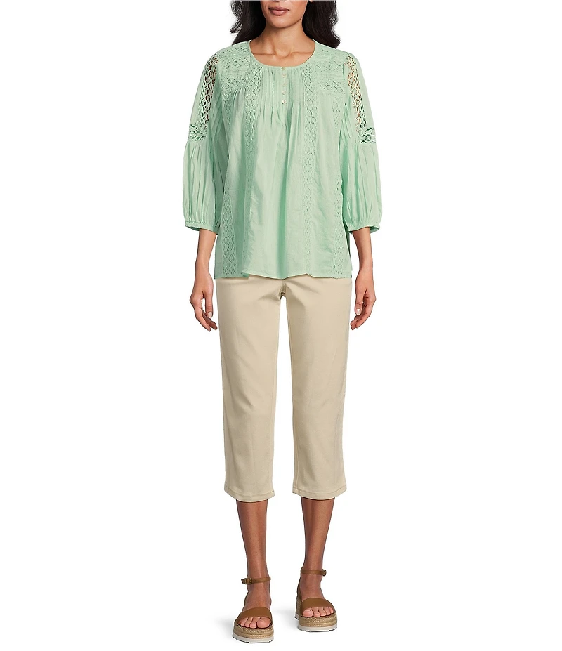 Intro Petite Size Cotton Voile Crew Neck 3/4 Sleeve Lace Trim Peasant Blouse