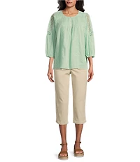 Intro Petite Size Cotton Voile Crew Neck 3/4 Sleeve Lace Trim Peasant Blouse