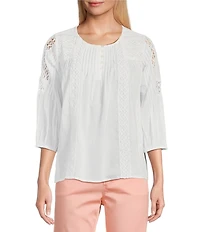 Intro Petite Size Cotton Voile Crew Neck 3/4 Sleeve Lace Trim Peasant Blouse