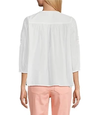 Intro Petite Size Cotton Voile Crew Neck 3/4 Sleeve Lace Trim Peasant Blouse
