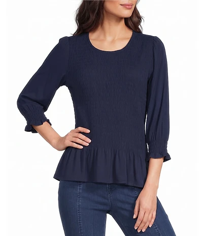 Intro Petite Size Crew Neck 3/4 Sleeve Peplum Top
