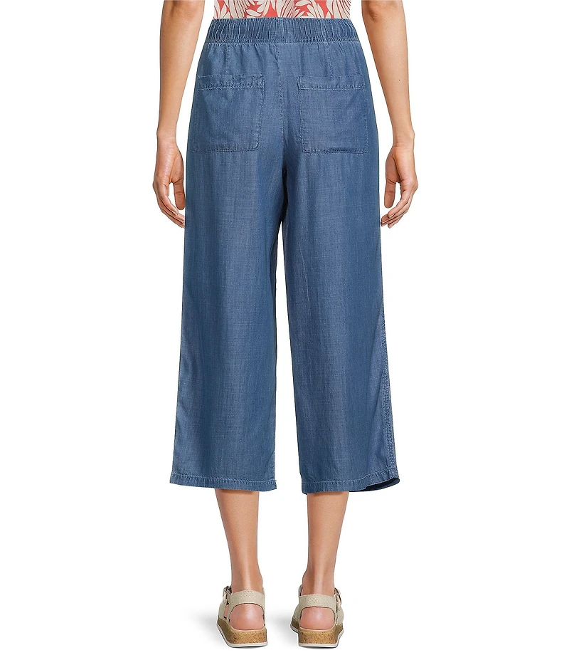 Intro Petite Size Elara Embroidered Hem Drawstring Tie Pull-On Denim Capri Pants