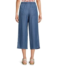 Intro Petite Size Elara Embroidered Hem Drawstring Tie Pull-On Denim Capri Pants