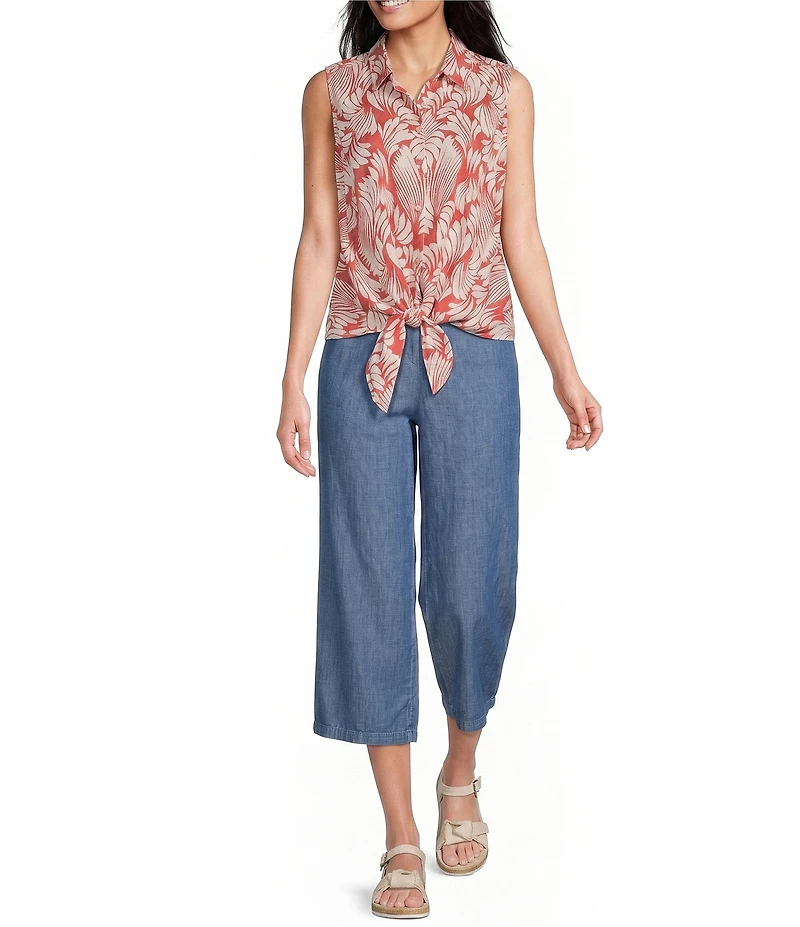 Intro Petite Size Elara Embroidered Hem Drawstring Tie Pull-On Denim Capri Pants
