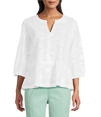 Intro Petite Size Embroidered Floral Split Scoop V-Neck 3/4 Sleeve Peplum Blouse