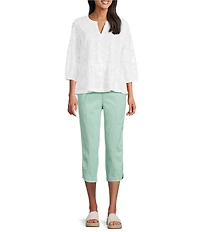 Intro Petite Size Embroidered Floral Split Scoop V-Neck 3/4 Sleeve Peplum Blouse