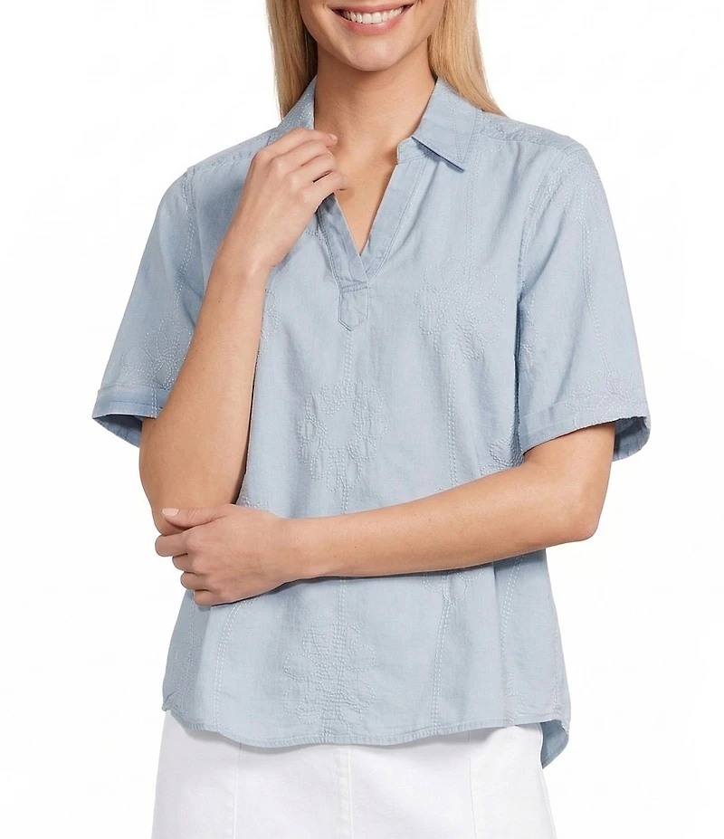 Intro Petite Size Embroidered Flowers Point Collar Elbow Sleeve Shirttail Hem Shirt