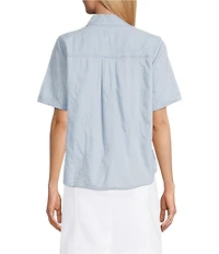 Intro Petite Size Embroidered Flowers Point Collar Elbow Sleeve Shirttail Hem Shirt