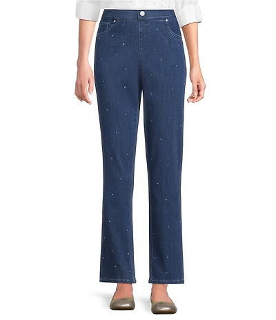 Intro Petite Size Freedom Denim Straight Leg Silver Crystal Detail Pull-On Jeans