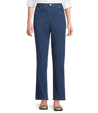 Intro Petite Size Freedom Denim Straight Leg Silver Crystal Detail Pull-On Jeans